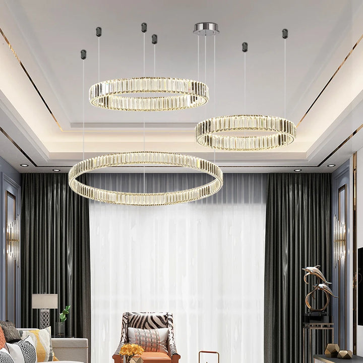 Modern Luxury Crystal Led Chandelier Villa Stairs Dimmable Circle Droplight Lighting Foyer Hanging Living Room Lamp Fixtures