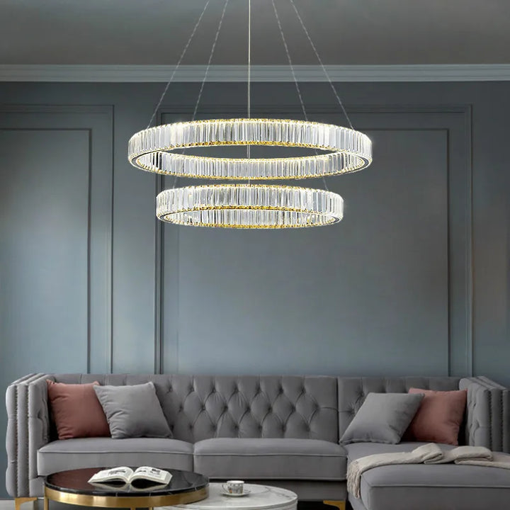 Modern Luxury Crystal Led Chandelier Villa Stairs Dimmable Circle Droplight Lighting Foyer Hanging Living Room Lamp Fixtures