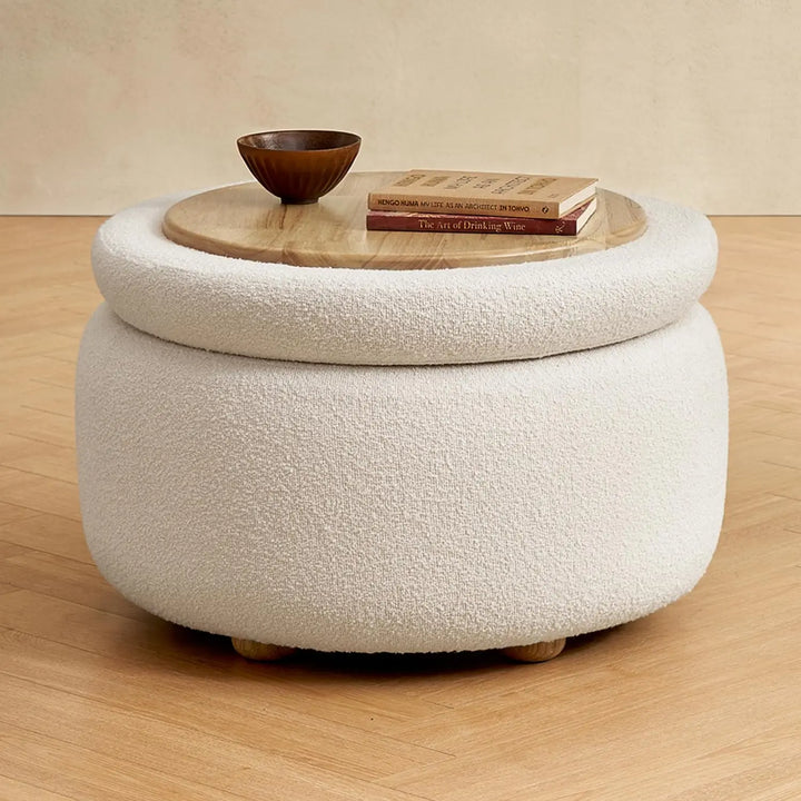 Luna Round Ottoman with Storage and Tray, Round Coffee Table with Storage, Upholstered Foot Stools Ottoman for Living Room