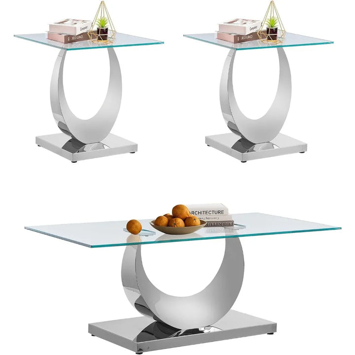 Modern Glass Coffee Table Set of 3 Piece Silver Living Room Table Set of 3 Including Coffee and End Tables Set