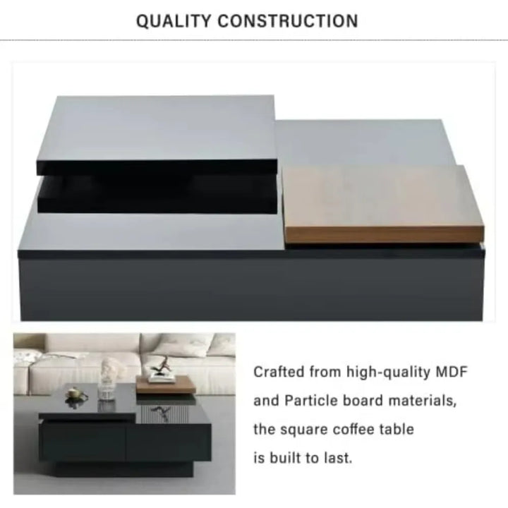 Movable Coffee Tables, Wood Square Center Table, Cocktail Table for Living Room with High Gloss Finish, 4 Hidden Storage Drawers