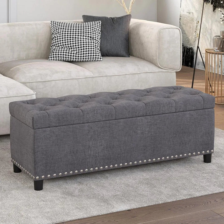 Modern Luxury Button-Tufted Ottoman Bench Footrest Upholstered Linen Fabric Decor for Living Room, Entryway, or Bedroom
