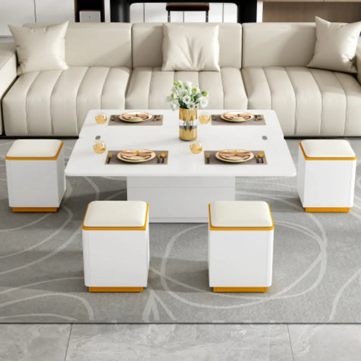 Unique Pull Out Lift Top Coffee Table, Hidden Compartment and Tempered Glass Surface for Living Room, Height Adjustable