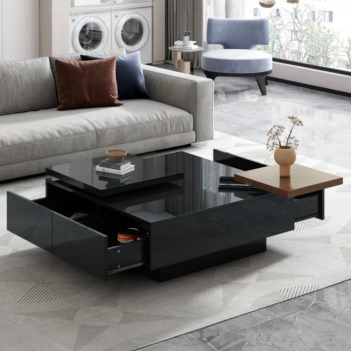 Movable Coffee Tables, Wood Square Center Table, Cocktail Table for Living Room with High Gloss Finish, 4 Hidden Storage Drawers