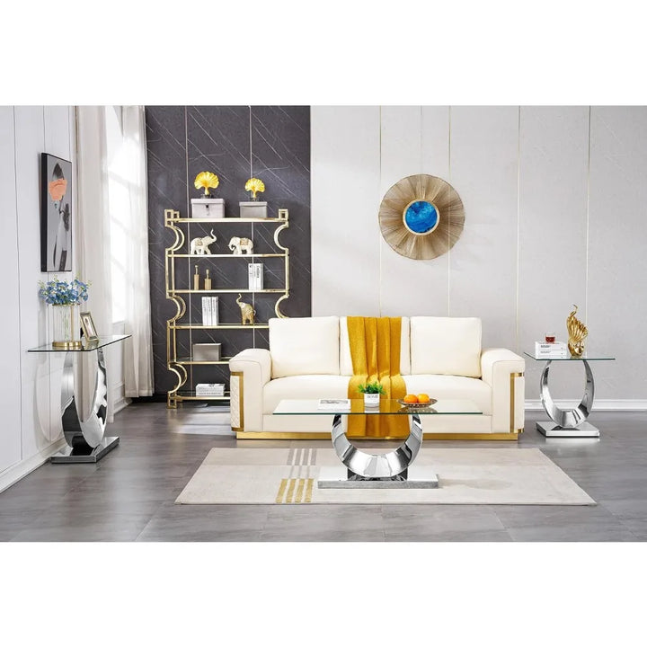 Modern Glass Coffee Table Set of 3 Piece Silver Living Room Table Set of 3 Including Coffee and End Tables Set