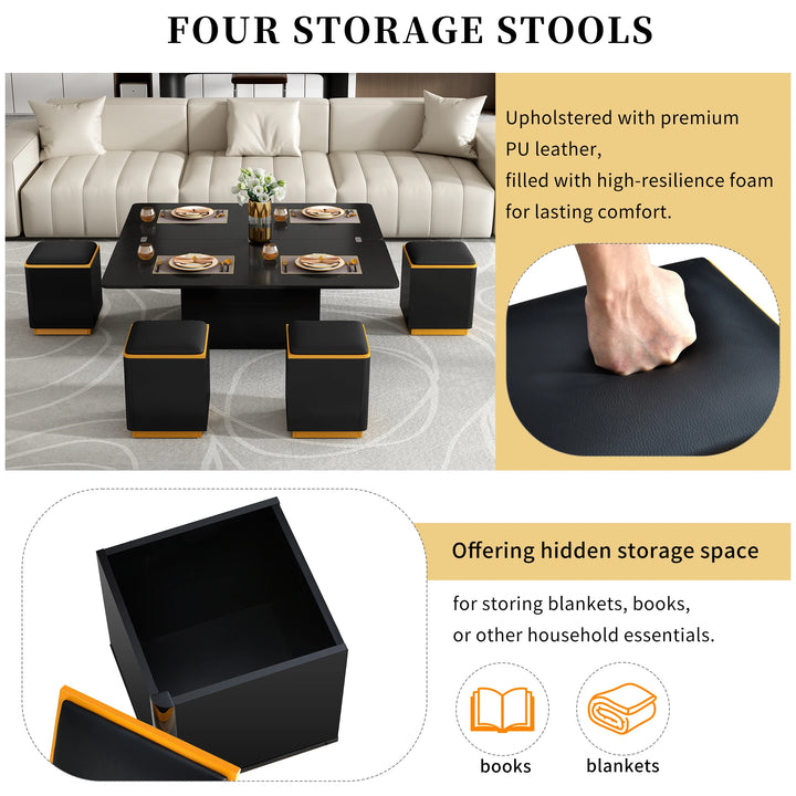 Unique Pull Out Lift Top Coffee Table w/Tempered Glass, Height Adjustable, Hidden Compartment + 4 Storage Stools for Living Room