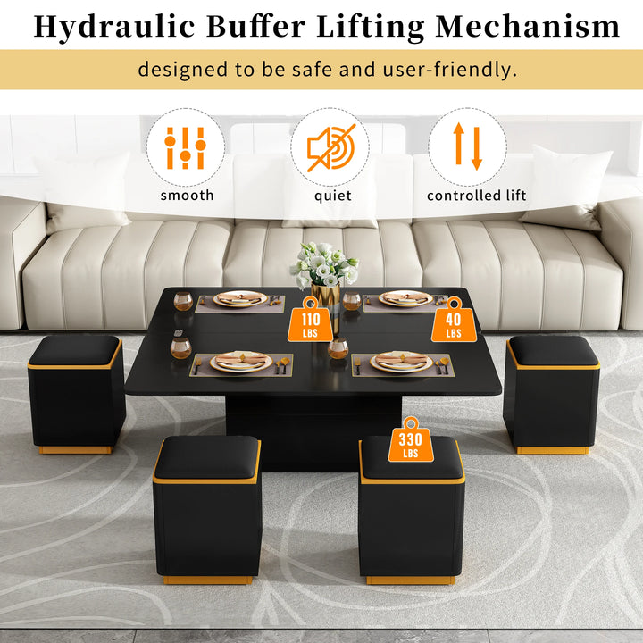 Unique Pull Out Lift Top Coffee Table w/Tempered Glass, Height Adjustable, Hidden Compartment + 4 Storage Stools for Living Room