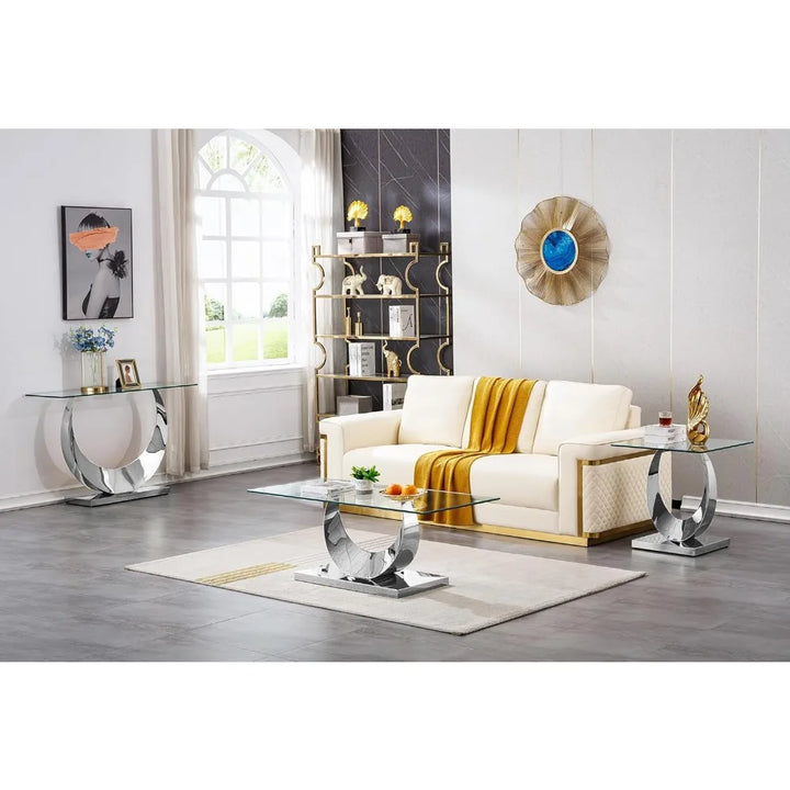 Modern Glass Coffee Table Set of 3 Piece Silver Living Room Table Set of 3 Including Coffee and End Tables Set