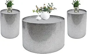 Luxury Gold Round Coffee Table Set of 3, Modern Retro Hammered Metal End Table for Living Room, 26" & 16" Accent Center Table, C