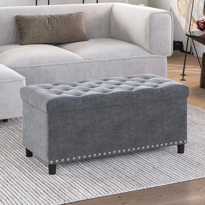 Modern Luxury Button-Tufted Ottoman Bench Footrest Upholstered Linen Fabric Decor for Living Room, Entryway, or Bedroom