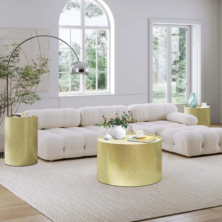 Luxury Gold Round Coffee Table Set of 3, Modern Retro Hammered Metal End Table for Living Room, 26" & 16" Accent Center Table, C