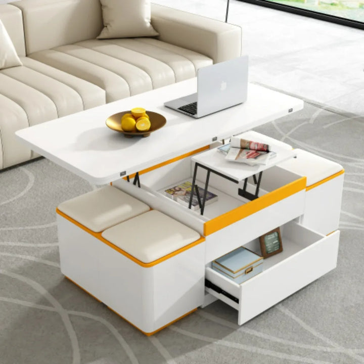 Unique Pull Out Lift Top Coffee Table, Hidden Compartment and Tempered Glass Surface for Living Room, Height Adjustable