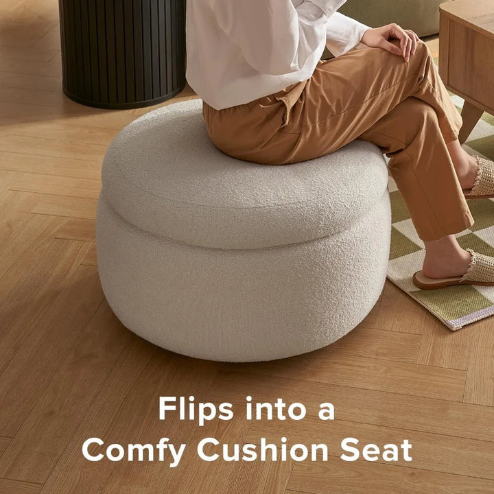 Luna Round Ottoman with Storage and Tray, Round Coffee Table with Storage, Upholstered Foot Stools Ottoman for Living Room