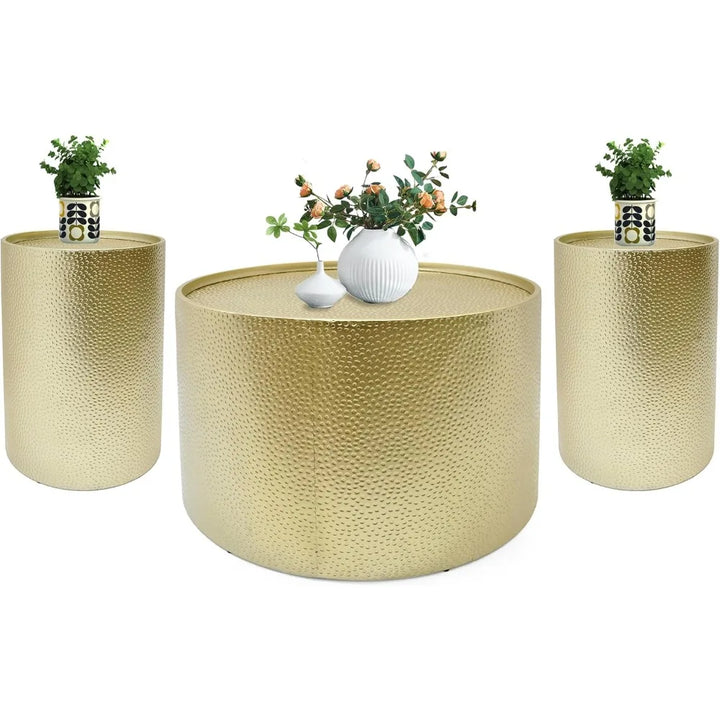 Luxury Gold Round Coffee Table Set of 3, Modern Retro Hammered Metal End Table for Living Room, 26" & 16" Accent Center Table, C