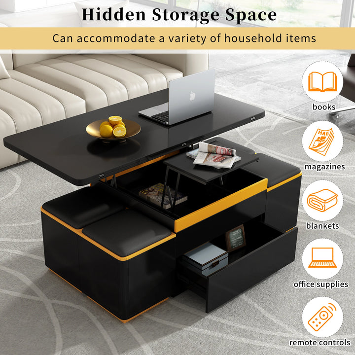 Unique Pull Out Lift Top Coffee Table w/Tempered Glass, Height Adjustable, Hidden Compartment + 4 Storage Stools for Living Room