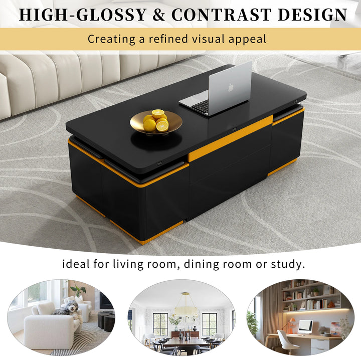 Unique Pull Out Lift Top Coffee Table w/Tempered Glass, Height Adjustable, Hidden Compartment + 4 Storage Stools for Living Room