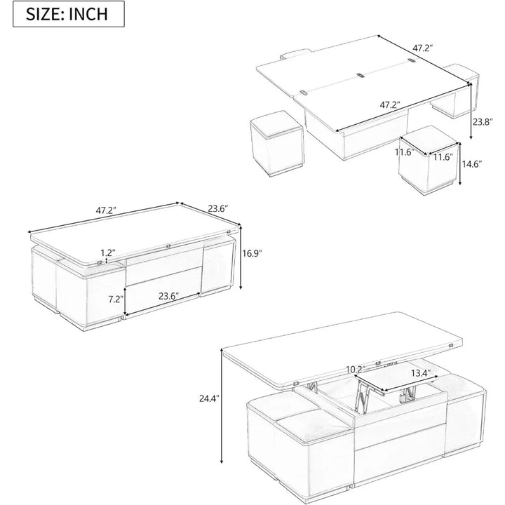 Unique Pull Out Lift Top Coffee Table, Hidden Compartment and Tempered Glass Surface for Living Room, Height Adjustable