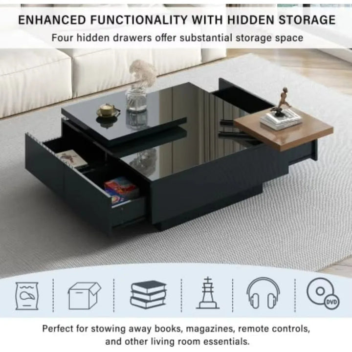 Movable Coffee Tables, Wood Square Center Table, Cocktail Table for Living Room with High Gloss Finish, 4 Hidden Storage Drawers
