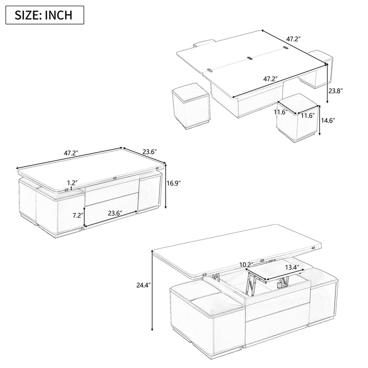 Unique Pull Out Lift Top Coffee Table w/Tempered Glass, Height Adjustable, Hidden Compartment + 4 Storage Stools for Living Room