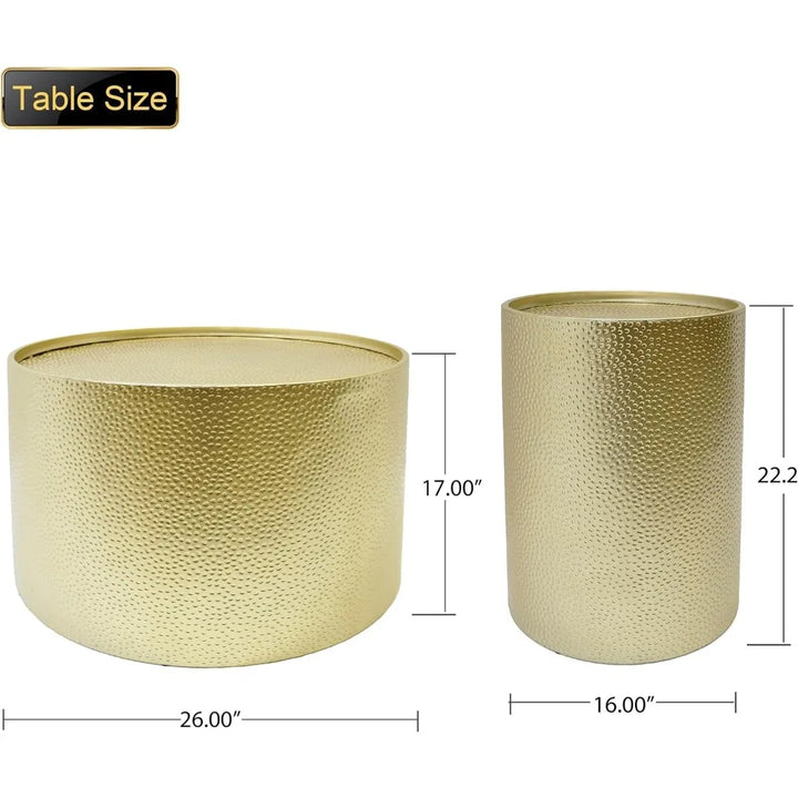 Luxury Gold Round Coffee Table Set of 3, Modern Retro Hammered Metal End Table for Living Room, 26" & 16" Accent Center Table, C