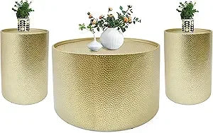 Luxury Gold Round Coffee Table Set of 3, Modern Retro Hammered Metal End Table for Living Room, 26" & 16" Accent Center Table, C