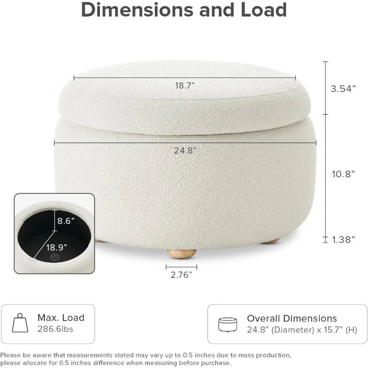 Luna Round Ottoman with Storage and Tray, Round Coffee Table with Storage, Upholstered Foot Stools Ottoman for Living Room
