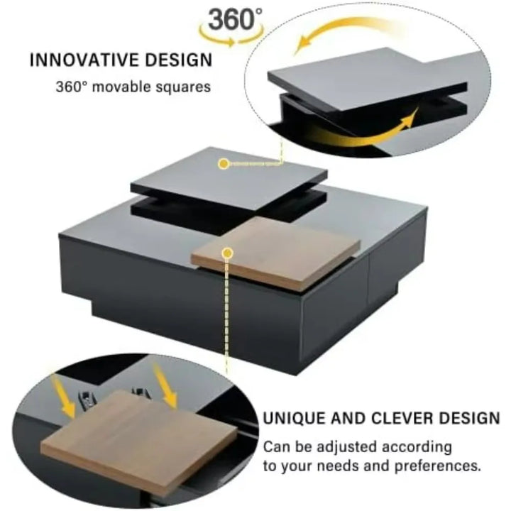 Movable Coffee Tables, Wood Square Center Table, Cocktail Table for Living Room with High Gloss Finish, 4 Hidden Storage Drawers