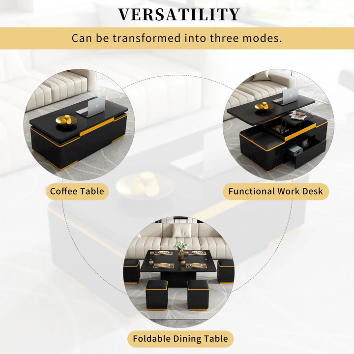 Unique Pull Out Lift Top Coffee Table w/Tempered Glass, Height Adjustable, Hidden Compartment + 4 Storage Stools for Living Room