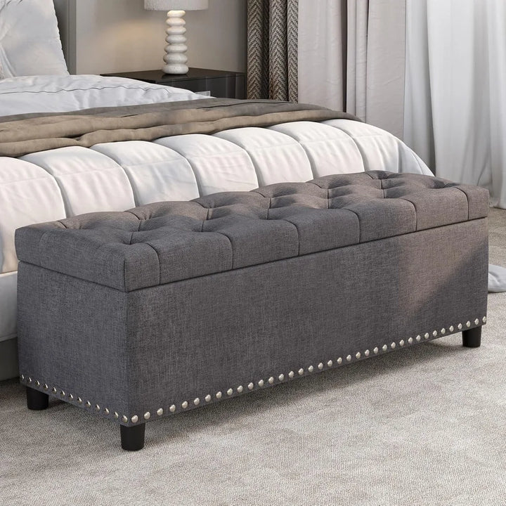 Modern Luxury Button-Tufted Ottoman Bench Footrest Upholstered Linen Fabric Decor for Living Room, Entryway, or Bedroom