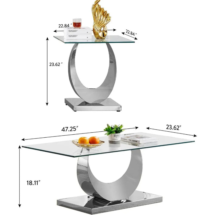 Modern Glass Coffee Table Set of 3 Piece Silver Living Room Table Set of 3 Including Coffee and End Tables Set