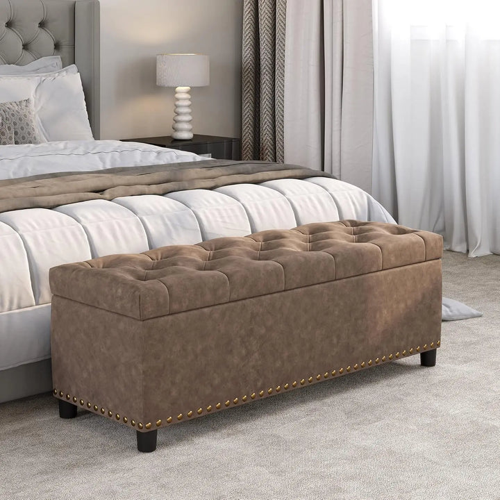 Modern Luxury Button-Tufted Ottoman Bench Footrest Upholstered Linen Fabric Decor for Living Room, Entryway, or Bedroom