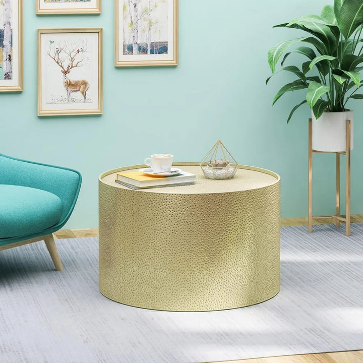 Luxury Gold Round Coffee Table Set of 3, Modern Retro Hammered Metal End Table for Living Room, 26" & 16" Accent Center Table, C