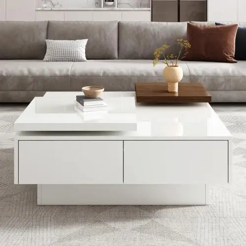 Movable Coffee Tables, Wood Square Center Table, Cocktail Table for Living Room with High Gloss Finish, 4 Hidden Storage Drawers