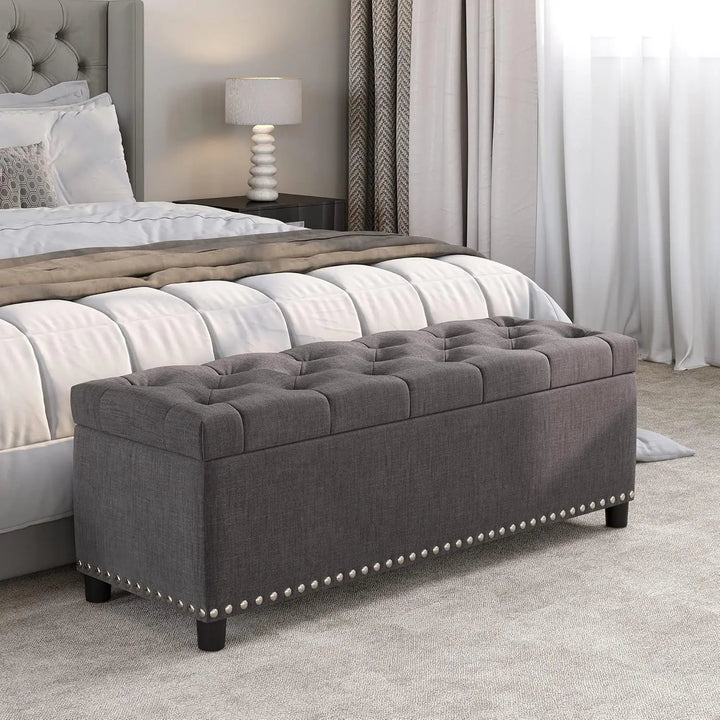 Modern Luxury Button-Tufted Ottoman Bench Footrest Upholstered Linen Fabric Decor for Living Room, Entryway, or Bedroom